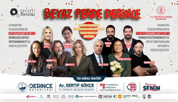 Kocaeli Film Festival poster featuring event details for 'Beyaz Perde Derince,' with images of cast members and organizers.