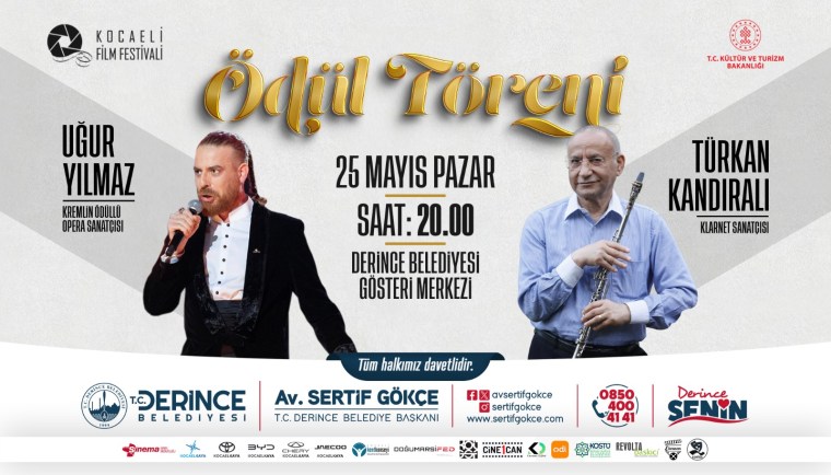 Kocaeli Film Festival prize ceremony poster featuring Uğur Yılmaz and Türkan Kandıralı with event details.
