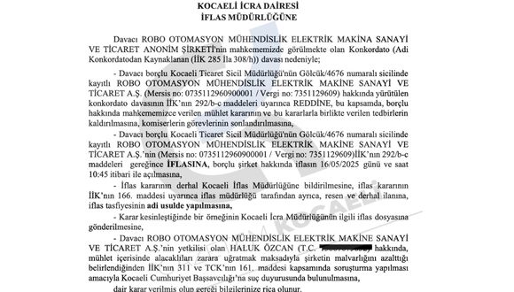 Kocaeli'de Robo Otomasyon Mühendislik Elektrik Makine Sanayi ve Ticaret A.Ş.'nin iflas kararıyla ilgili mahkeme belgesi.