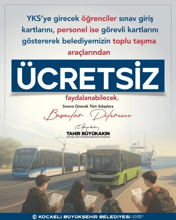 Kocaeli Büyükşehir’den YKS Günü Öğrenci ve Görevlilere Ücretsiz Ulaşım