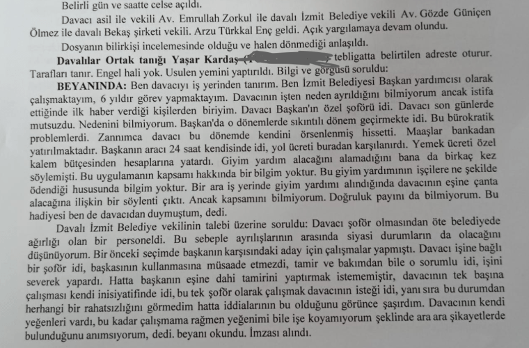 Mahkeme tutanakları içeren belge, İzmit Belediyesi davasıyla ilgili bilgileri içeriyor.