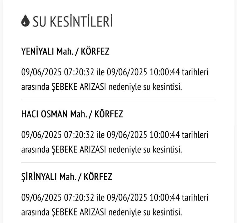 Kocaeli'nin Körfez ilçesinde su kesintisi nedeniyle yapılan açıklamalar ve detaylar.