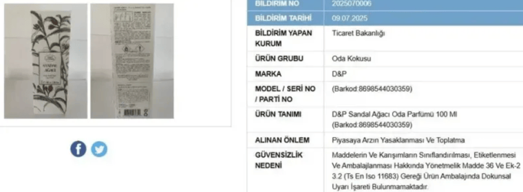 D&P Sandal Ağacı Oda Parfümü 100 ml ürün bilgilerini içeren bir belge, arka ve ön yüzü gösteriliyor.