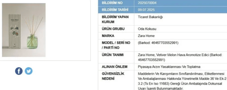 Zara Home'un Vetiver Melon Hava Aromatize Edici oda kokusu ile ilgili güvenlik bildirimi ve toplatma bilgisi.