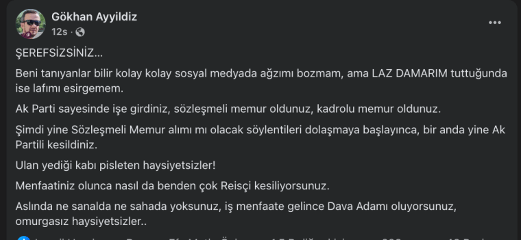 Gökhan Ayyıldız'ın sosyal medyada yaptığı paylaşım, sert ifadelerle dolu ve siyasi eleştiriler içeriyor.