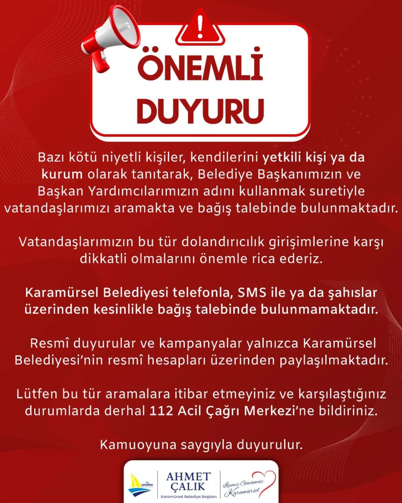 Karamürsel Belediyesi’nden Dolandırıcılık Uyarısı