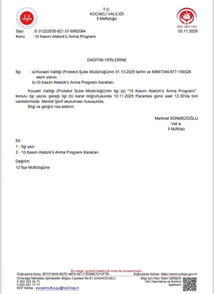 Kocaeli İl Müftülüğü'nden 10 Kasım Atatürk'ü Anma Programı hakkında resmi yazı.