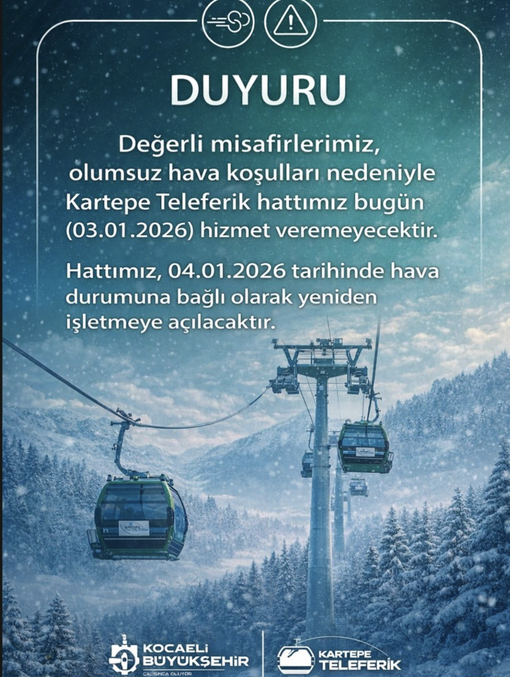 Kartepe Teleferik hatının çalışmadığını ve olumsuz hava koşulları nedeniyle hizmet veremeyeceğini belirten bir duyuru.