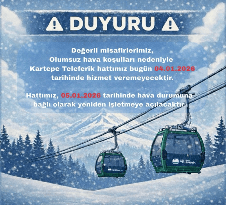 Kartepe Teleferik hattının hizmet vermeyeceğini belirten duyuru bildirisi, karla kaplı dağ manzarası arka planda yer alıyor.