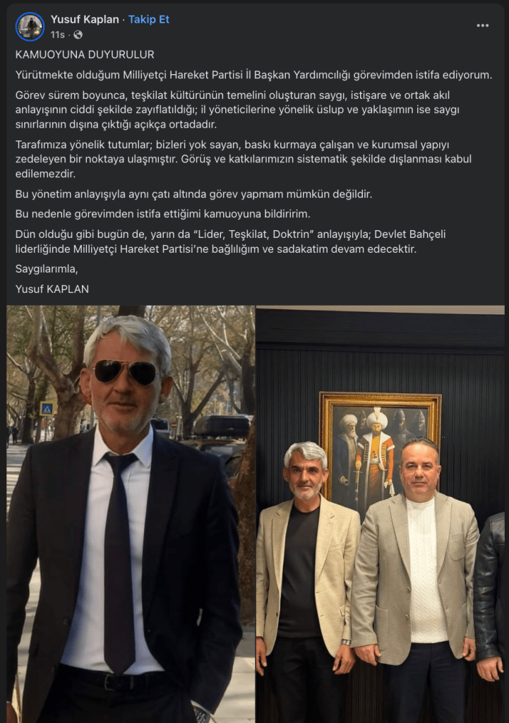 Yusuf Kaplan, Milliyetçi Hareket Partisi'nin il başkan yardımcılığı görevinden istifa ettiğini duyurdu. Fotoğrafta Yusuf Kaplan, şıklıkla giyinmiş, dışarıda ve iki adamla birlikte poz veriyor.