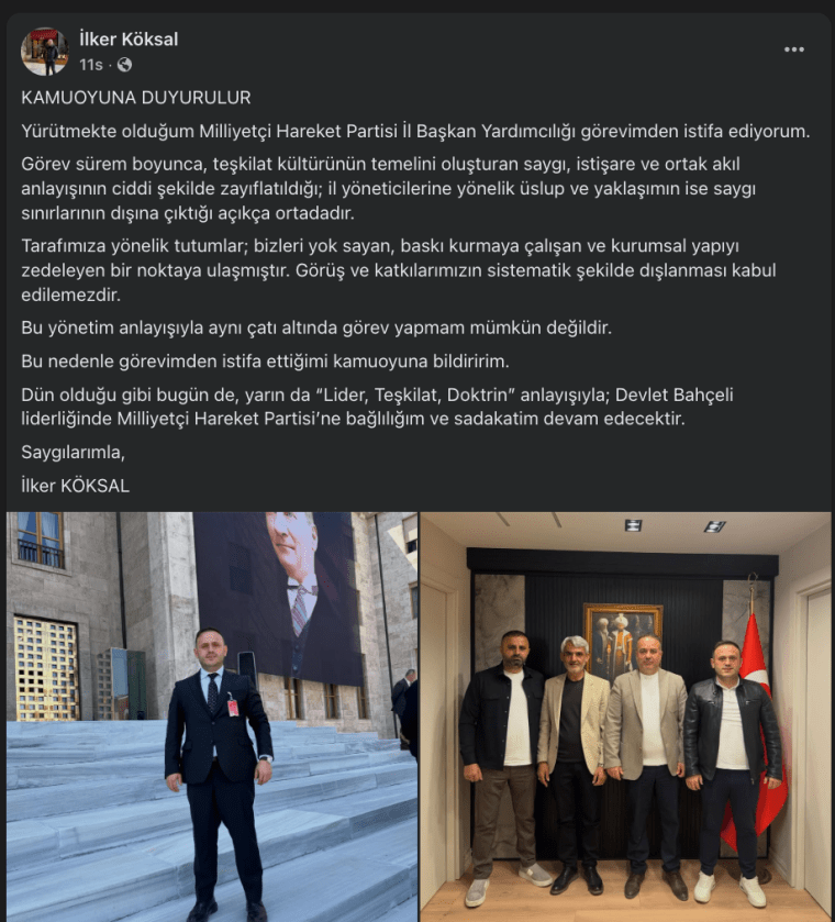 İlker Köksal, Milliyetçi Hareket Partisi il Başkan Yardımcılığı görevinden istifa ettiğini duyurdu.