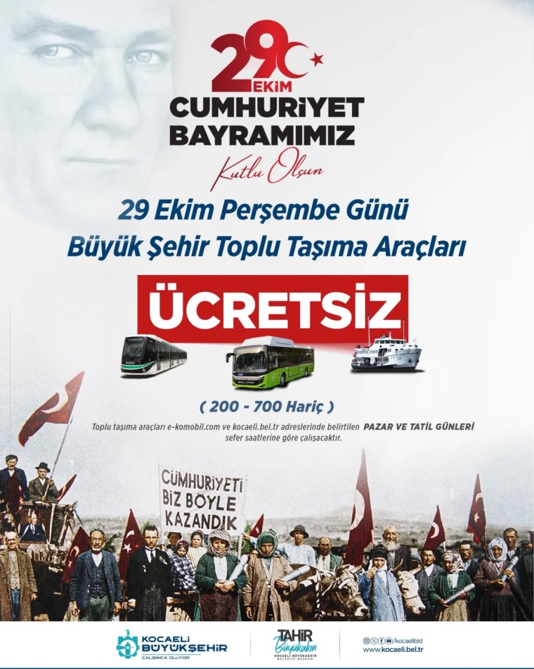 Kocaeli'de 29 Ekim'de toplu ulaşım ücretsiz
