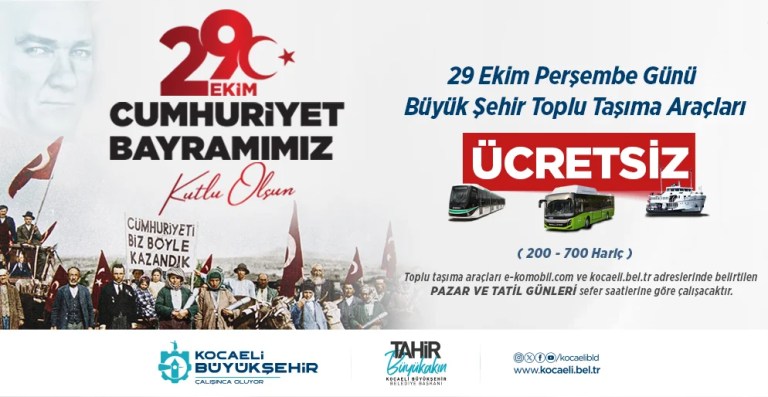 Kocaeli’de 29 Ekim’de toplu ulaşım ücretsiz