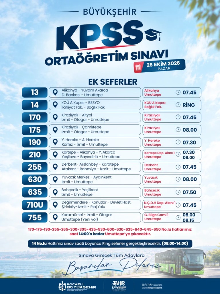 Kocaeli’de KPSS adaylarına özel ek seferler