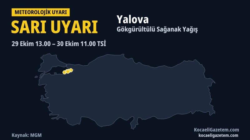 Yalova için sarı meteorolojik uyarının kapsadığı yerleri gösteren Türkiye haritası (MGM verisi)